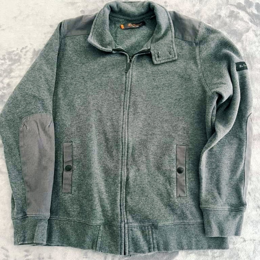 Ben Sherman Full Zip Fleece Jacket Gray Heather Elbow Patch Mod Fit Men's Large